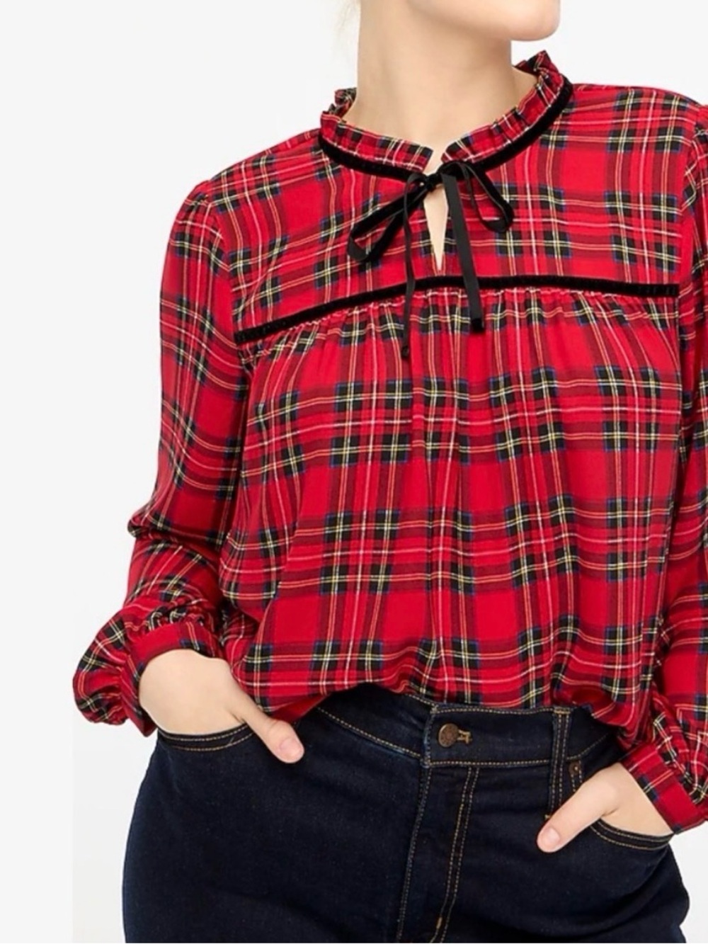 J.Crew Factory Red Tartan Plaid Blouse Top NWT Black Velvet Tie-Neck Holiday XL